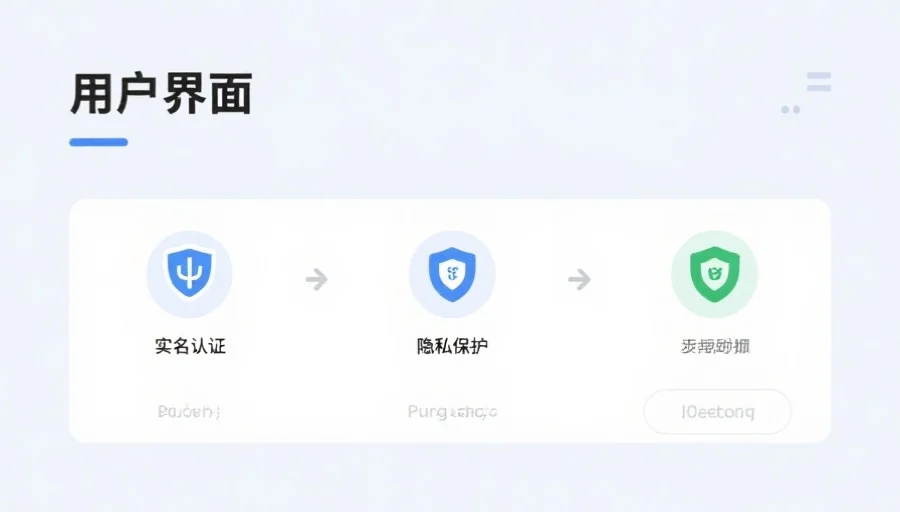 一张简洁的用户界面展示实名认证步骤，突出隐私保护和安全标识