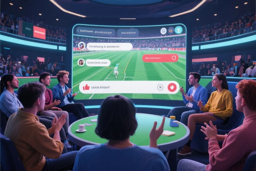 多人在虚拟社区中热烈讨论体育赛事,屏幕上显示评论和点赞互动